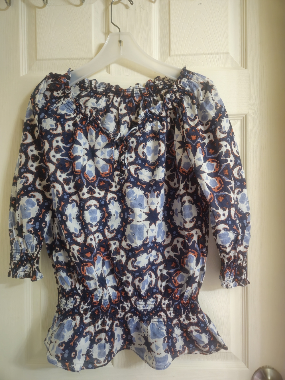 Smocked Hem Blue Patterned Peasant Blouse